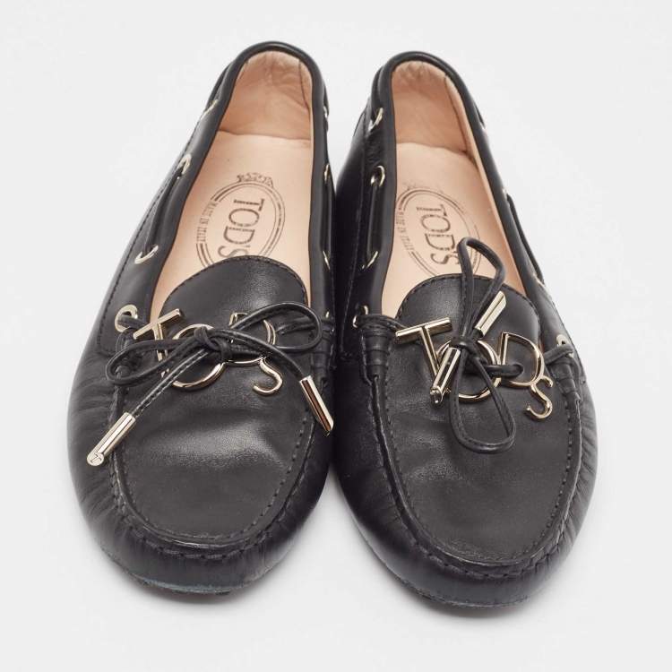Pre Owned Tod's Black Leather Logo Bow Loafers Size 37.5