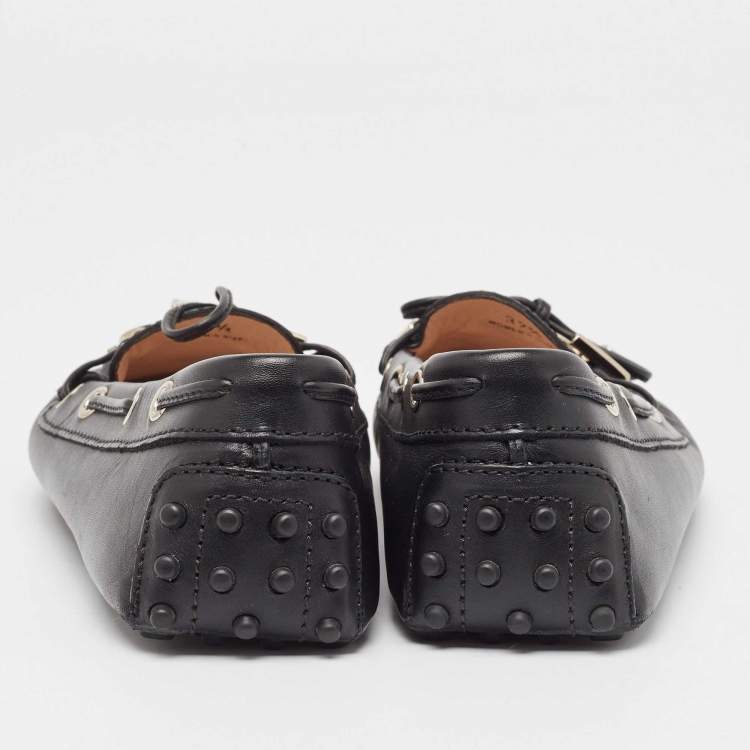Pre Owned Tod's Black Leather Logo Bow Loafers Size 37.5