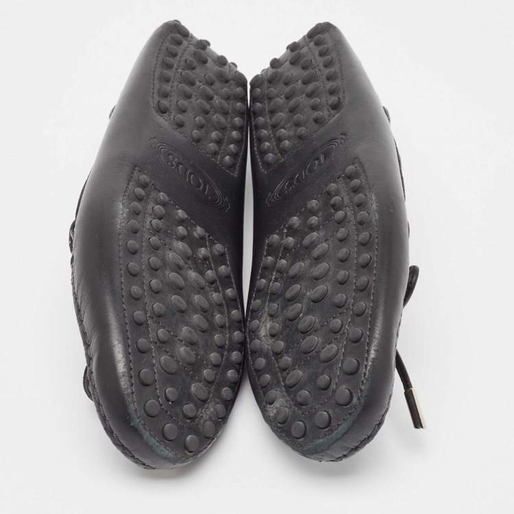 Pre Owned Tod's Black Leather Logo Bow Loafers Size 37.5