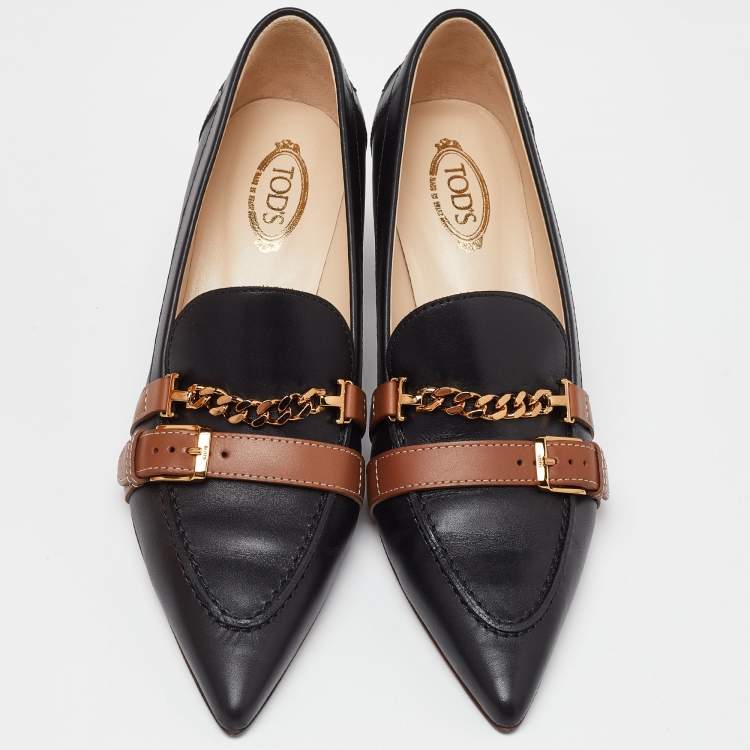Pre Owned  Tod's Black/Tan Leather Pointed Toe Pumps Size 36