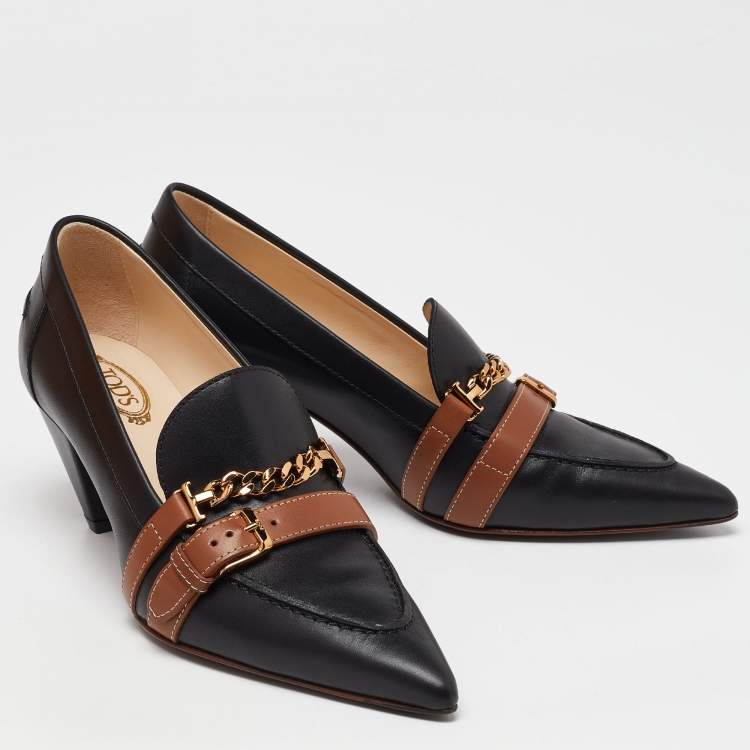Pre Owned  Tod's Black/Tan Leather Pointed Toe Pumps Size 36