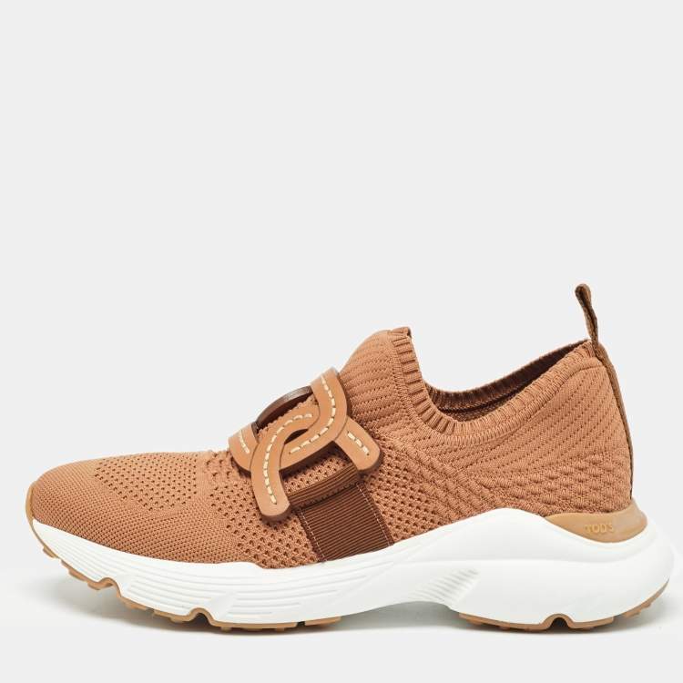 Pre Owned Tod's Brown Knit Fabric Chain Detail Slip On Sneakers Size 39.5
