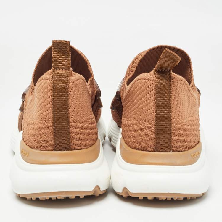 Pre Owned Tod's Brown Knit Fabric Chain Detail Slip On Sneakers Size 39.5