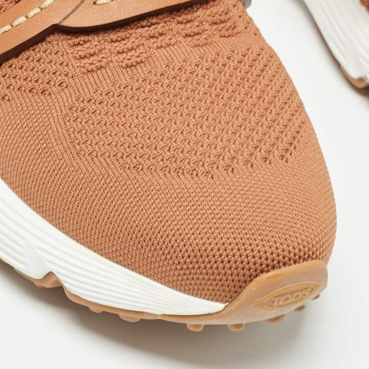 Pre Owned Tod's Brown Knit Fabric Chain Detail Slip On Sneakers Size 39.5