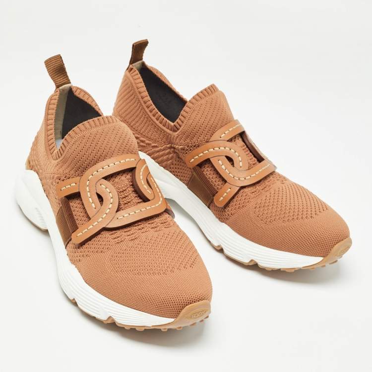 Pre Owned Tod's Brown Knit Fabric Chain Detail Slip On Sneakers Size 39.5