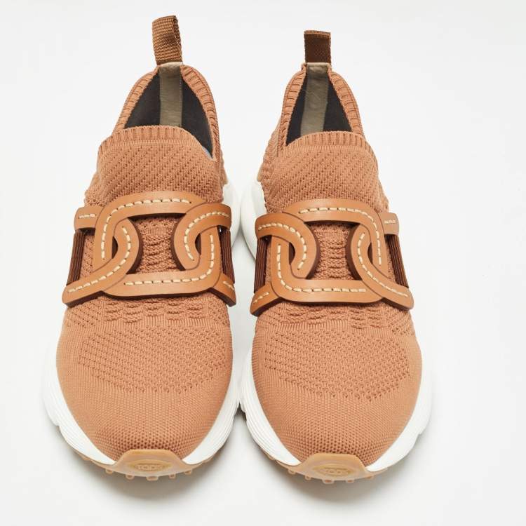 Pre Owned Tod's Brown Knit Fabric Chain Detail Slip On Sneakers Size 39.5