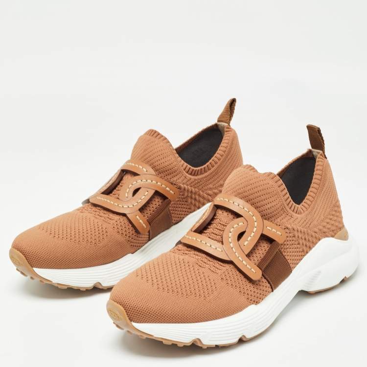 Pre Owned Tod's Brown Knit Fabric Chain Detail Slip On Sneakers Size 39.5