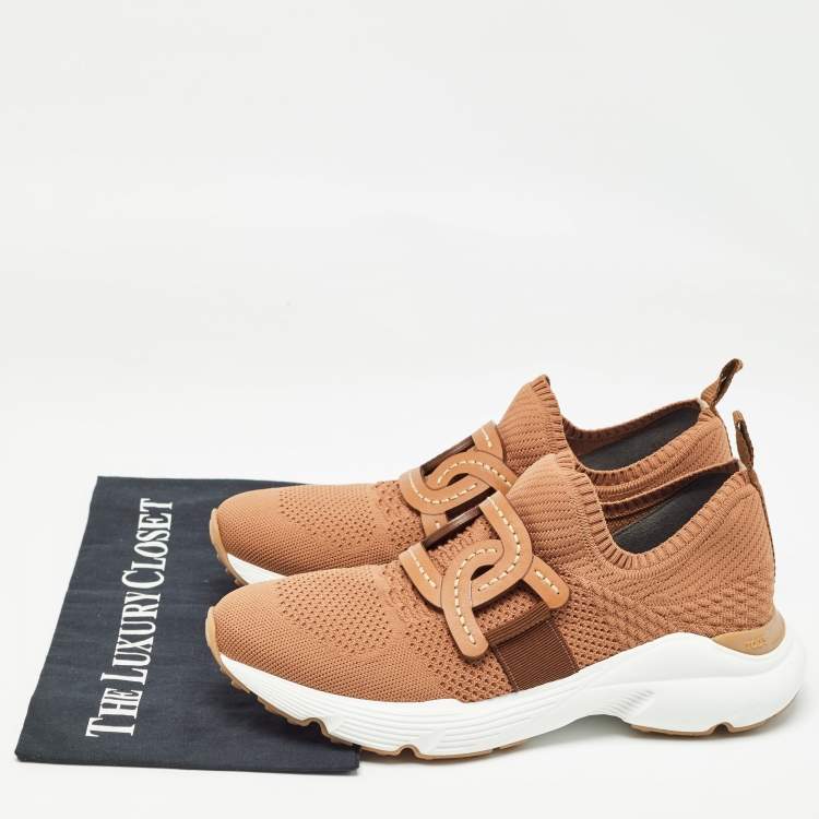 Pre Owned Tod's Brown Knit Fabric Chain Detail Slip On Sneakers Size 39.5
