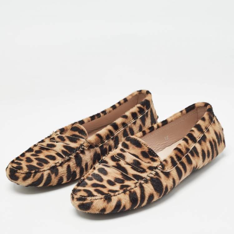 Pre Owned Tod's Brown/Beige Animal Print Calf Hair Penny Loafers Size 36