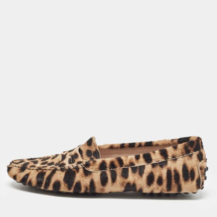 Pre Owned Tod's Brown/Beige Animal Print Calf Hair Penny Loafers Size 36