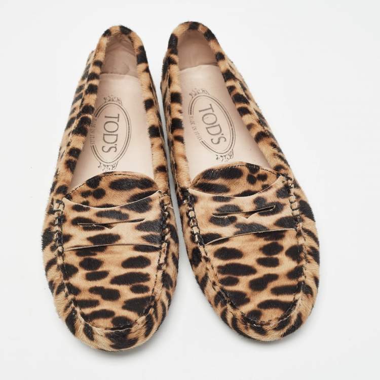 Pre Owned Tod's Brown/Beige Animal Print Calf Hair Penny Loafers Size 36