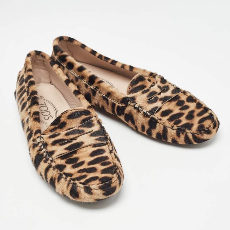 Pre Owned Tod's Brown/Beige Animal Print Calf Hair Penny Loafers Size 36
