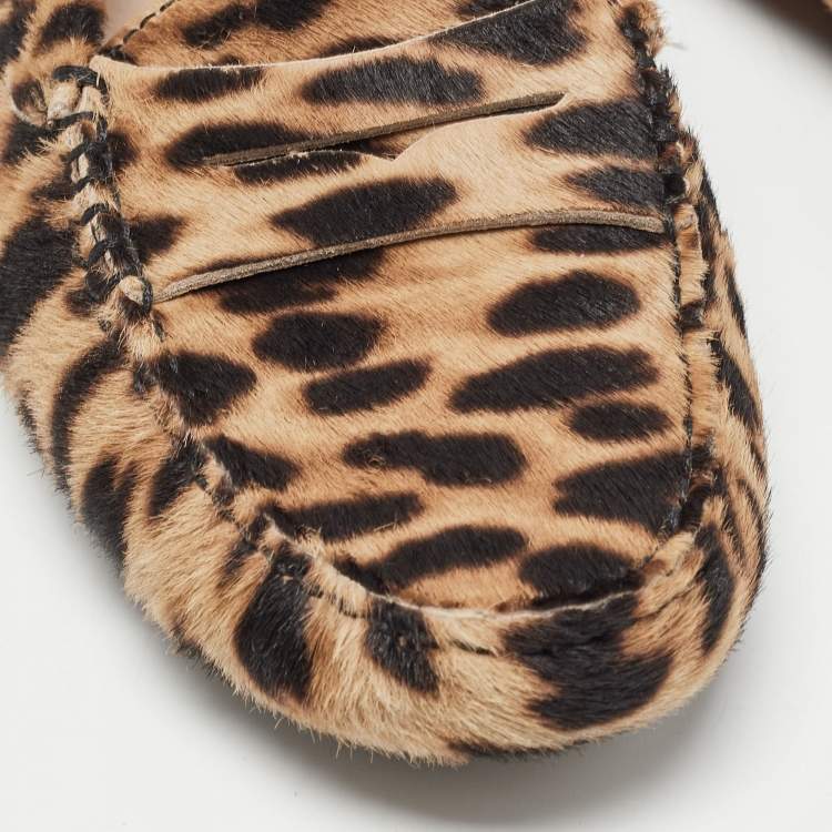 Pre Owned Tod's Brown/Beige Animal Print Calf Hair Penny Loafers Size 36