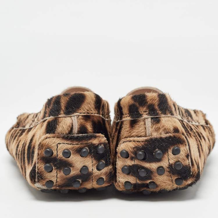 Pre Owned Tod's Brown/Beige Animal Print Calf Hair Penny Loafers Size 36