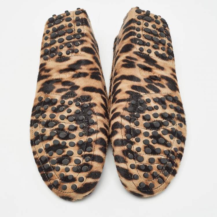 Pre Owned Tod's Brown/Beige Animal Print Calf Hair Penny Loafers Size 36