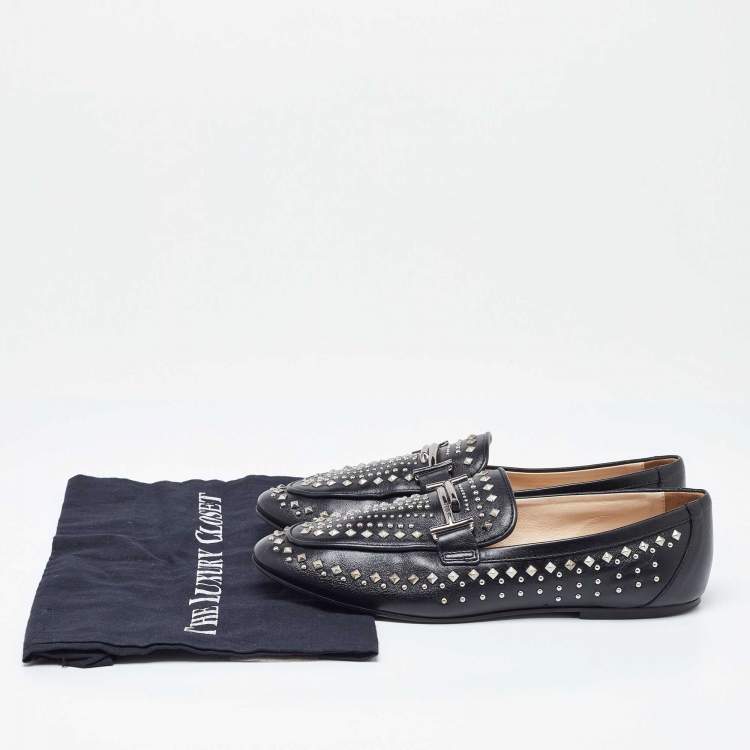 Pre Owned Tod's Black Leather Studded Double T Slip On Loafers Size 40