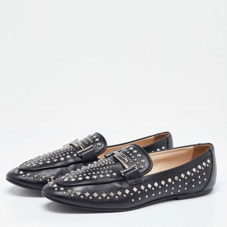 Pre Owned Tod's Black Leather Studded Double T Slip On Loafers Size 40