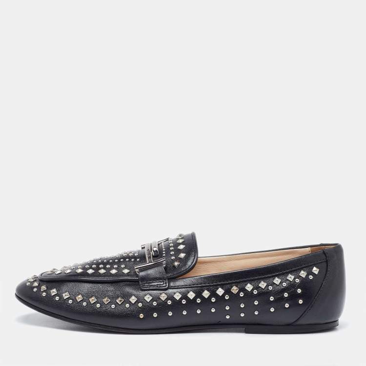 Pre Owned Tod's Black Leather Studded Double T Slip On Loafers Size 40