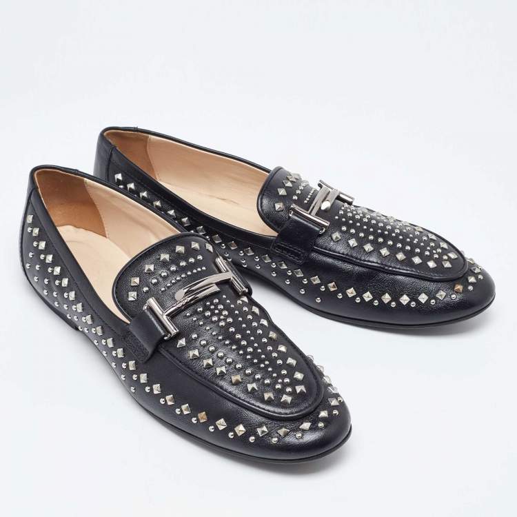 Pre Owned Tod's Black Leather Studded Double T Slip On Loafers Size 40