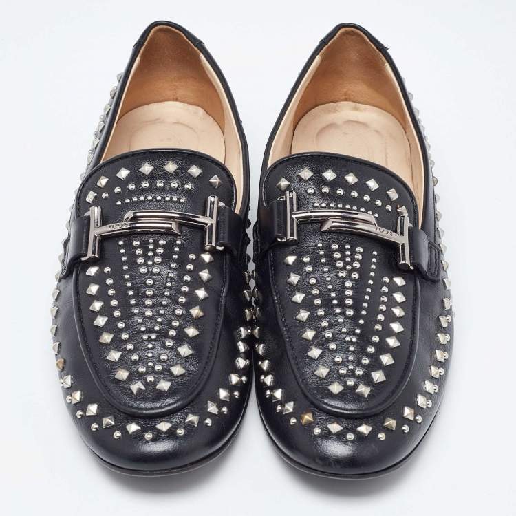 Pre Owned Tod's Black Leather Studded Double T Slip On Loafers Size 40