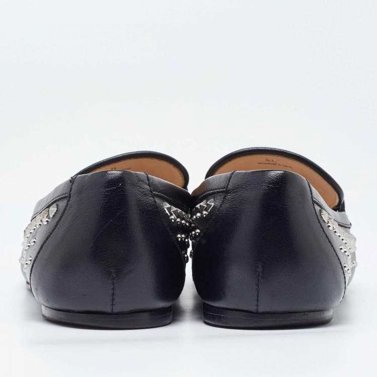 Pre Owned Tod's Black Leather Studded Double T Slip On Loafers Size 40
