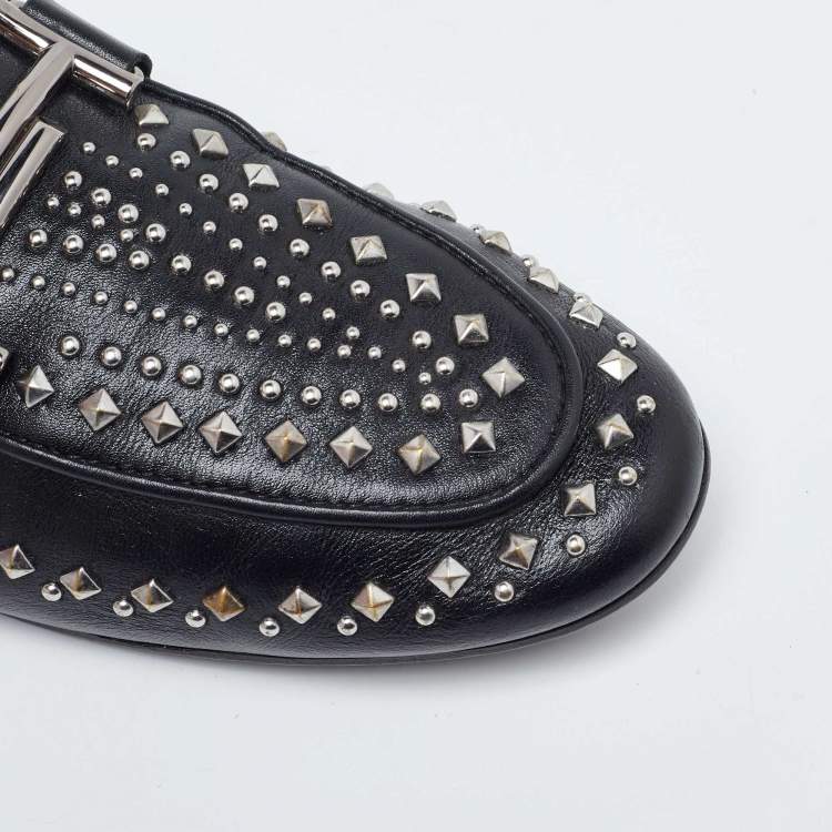 Pre Owned Tod's Black Leather Studded Double T Slip On Loafers Size 40