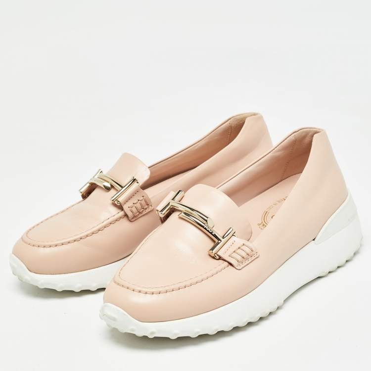 Pre Owned Tod's Pink Leather Double T Slip On Loafers Size 36
