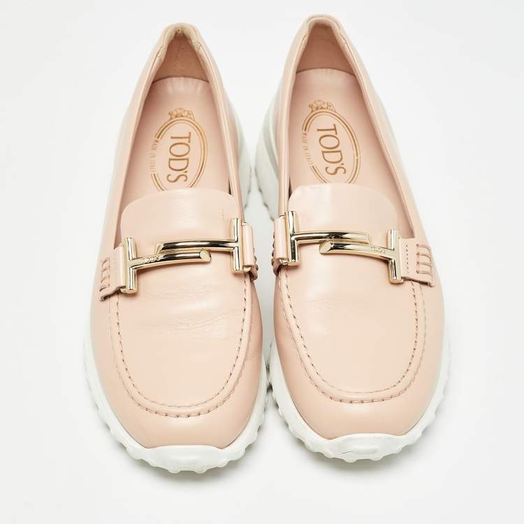 Pre Owned Tod's Pink Leather Double T Slip On Loafers Size 36