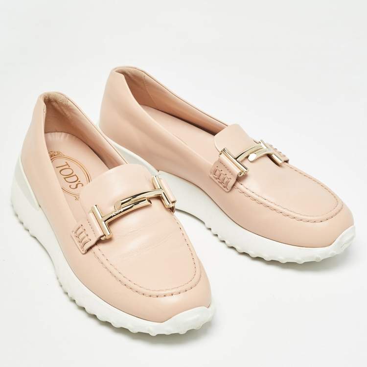 Pre Owned Tod's Pink Leather Double T Slip On Loafers Size 36
