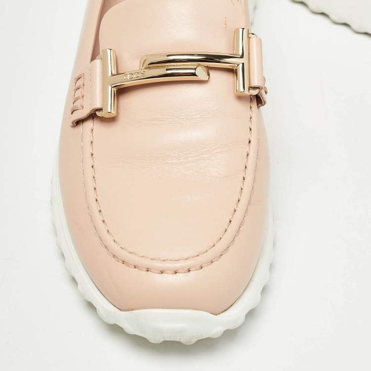 Pre Owned Tod's Pink Leather Double T Slip On Loafers Size 36