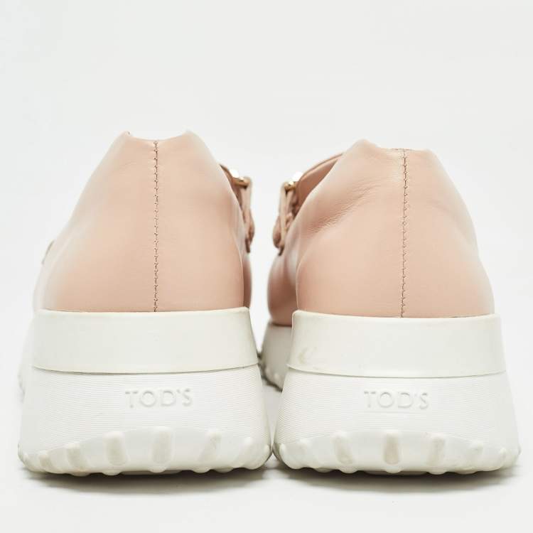 Pre Owned Tod's Pink Leather Double T Slip On Loafers Size 36