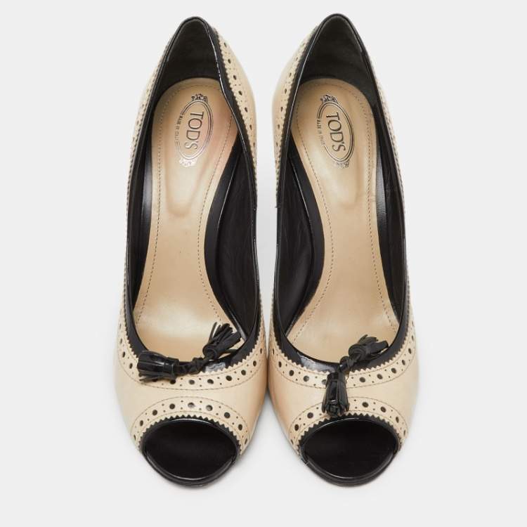 Pre Owned Tod's Cream/Black Brogue Patent and Leather Tassel Peep Toe Pumps Size 39.5
