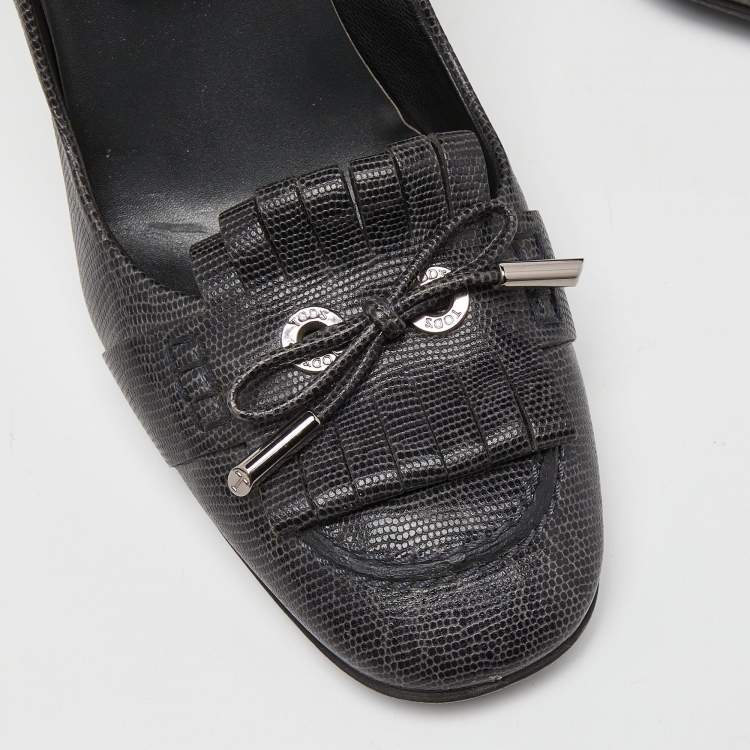 Pre Owned Tod's Grey Leather Fringe Detail Pumps Size 39.5