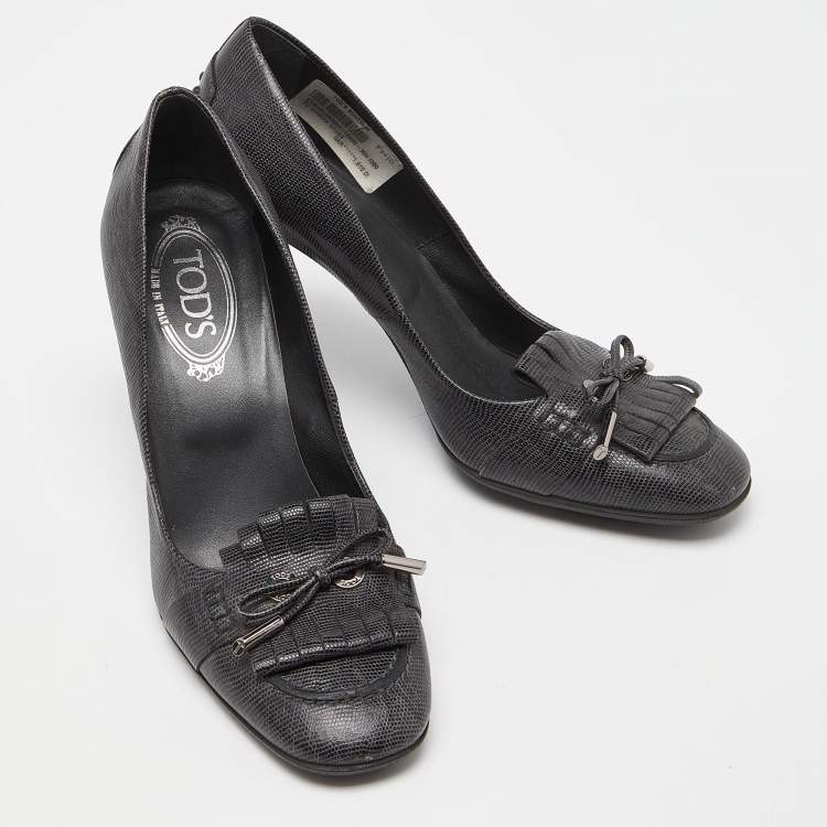 Pre Owned Tod's Grey Leather Fringe Detail Pumps Size 39.5