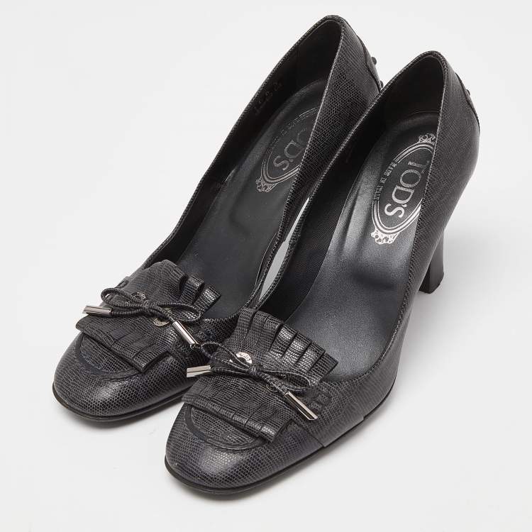 Pre Owned Tod's Grey Leather Fringe Detail Pumps Size 39.5
