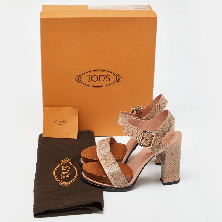 Pre Owned Tod's Brown/Peach Watersnake Leather Block Heel Platform Sandals Size 36