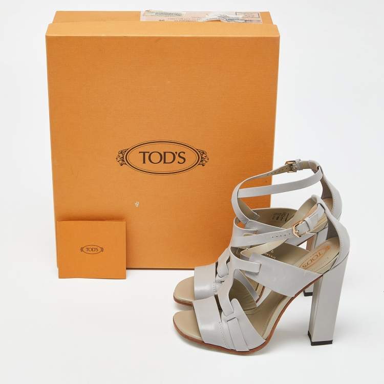Pre Owned Tod's Grey Leather Cutout Block Heel Ankle Strap Sandals Size 36
