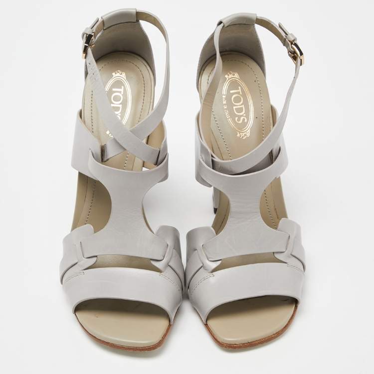 Pre Owned Tod's Grey Leather Cutout Block Heel Ankle Strap Sandals Size 36