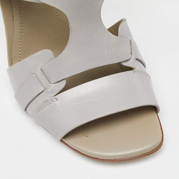 Pre Owned Tod's Grey Leather Cutout Block Heel Ankle Strap Sandals Size 36