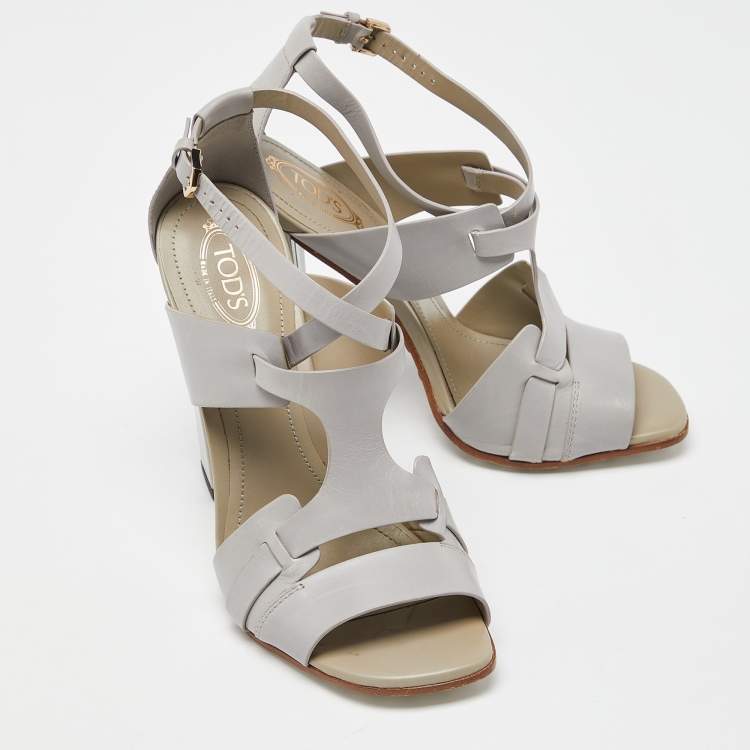Pre Owned Tod's Grey Leather Cutout Block Heel Ankle Strap Sandals Size 36