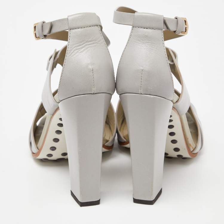 Pre Owned Tod's Grey Leather Cutout Block Heel Ankle Strap Sandals Size 36
