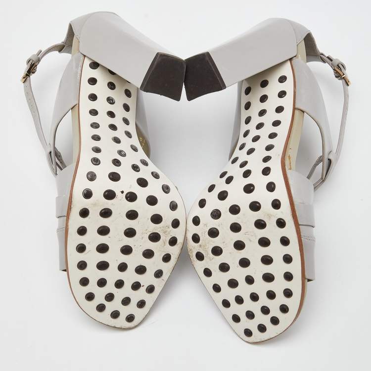 Pre Owned Tod's Grey Leather Cutout Block Heel Ankle Strap Sandals Size 36