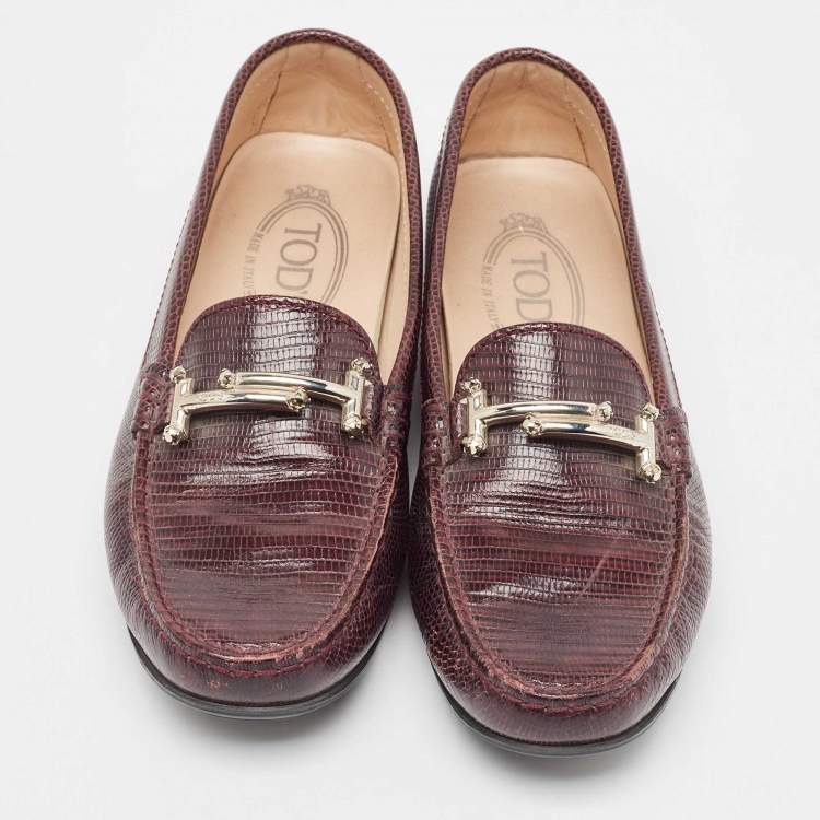 Pre Owned Tod's Burgundy Embossed Lizard Double T Loafers Size 37