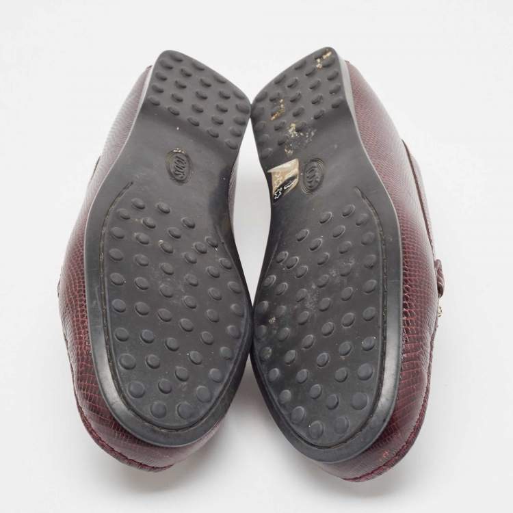 Pre Owned Tod's Burgundy Embossed Lizard Double T Loafers Size 37