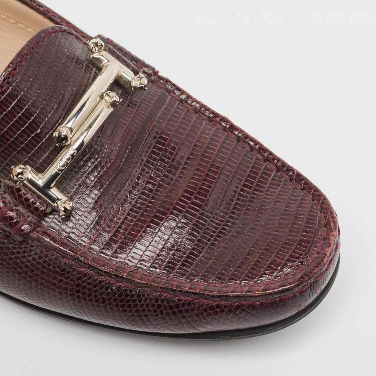 Pre Owned Tod's Burgundy Embossed Lizard Double T Loafers Size 37