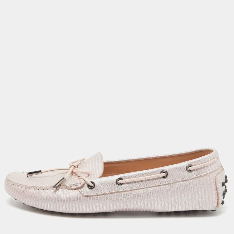 Pre Owned Tod's Pink/Silver Nubuck Leather Bow Loafers Size 41