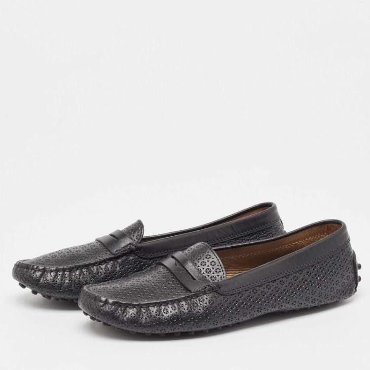 Pre Owned Tod's Black Laser Cut Leather Penny Loafers Size 37