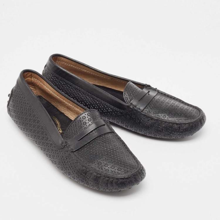 Pre Owned Tod's Black Laser Cut Leather Penny Loafers Size 37