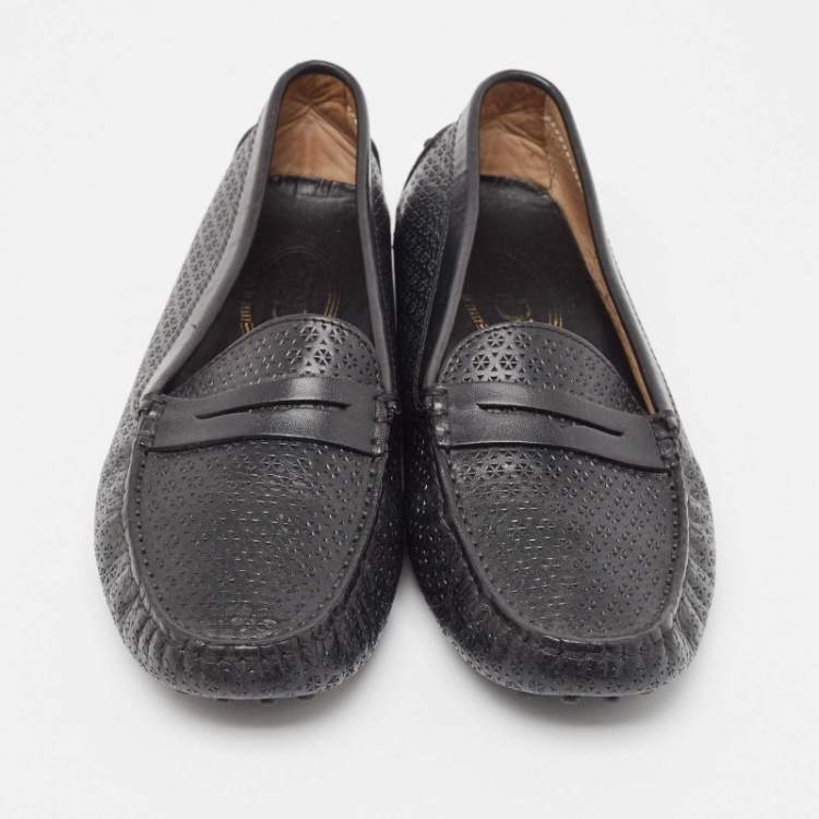 Pre Owned Tod's Black Laser Cut Leather Penny Loafers Size 37
