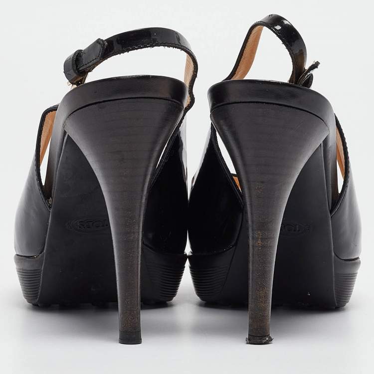 Pre Owned Tod's Black Patent Leather Criss Cross Platform Slingback Sandals Size 38.5